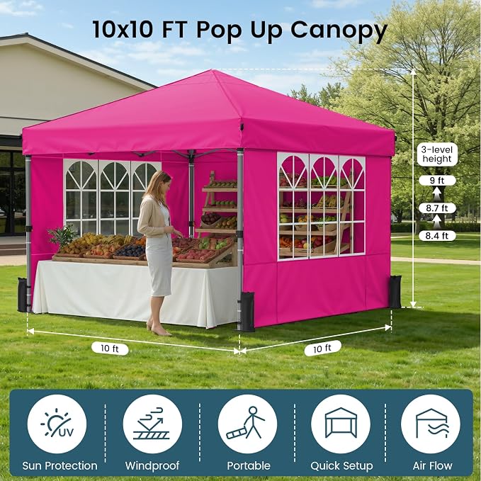 Pop Up Canopy Tent with Sidewalls, 10x10ft 10 Person Party Tent One Push Setup - Image 2