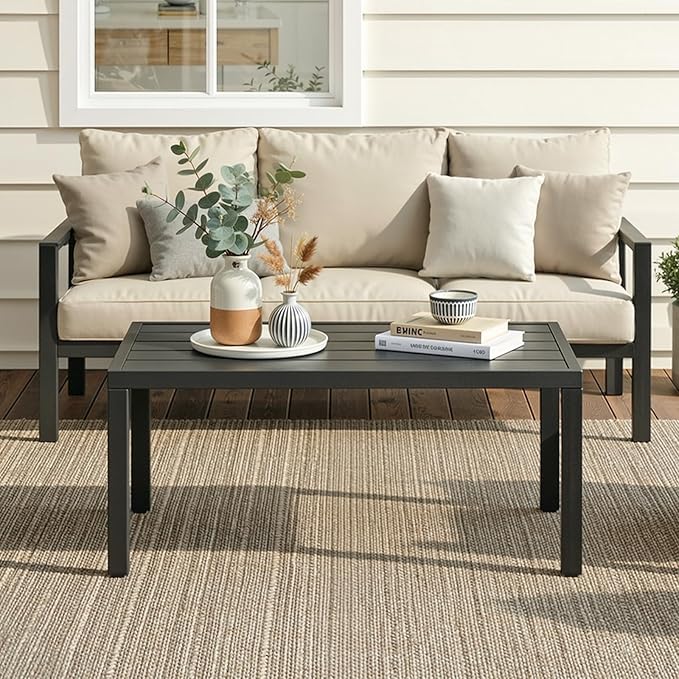ONBRILL Outdoor Metal Coffee Table, 36 Inch Patio Black Coffee Table - Image 2