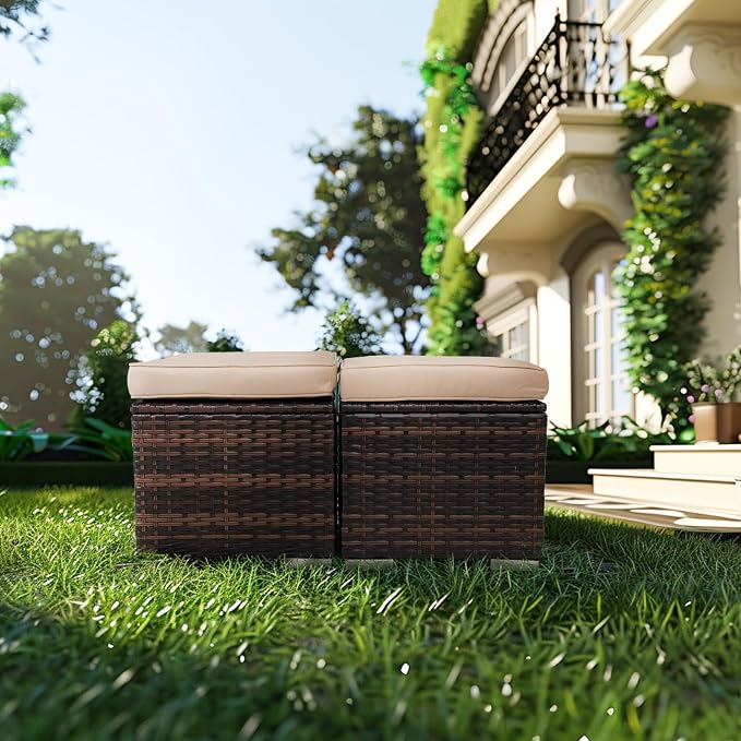 Y Enjoy 2-Pieces Outside Rattan Ottomans，Multipurpose Outdoor Furniture - Image 8