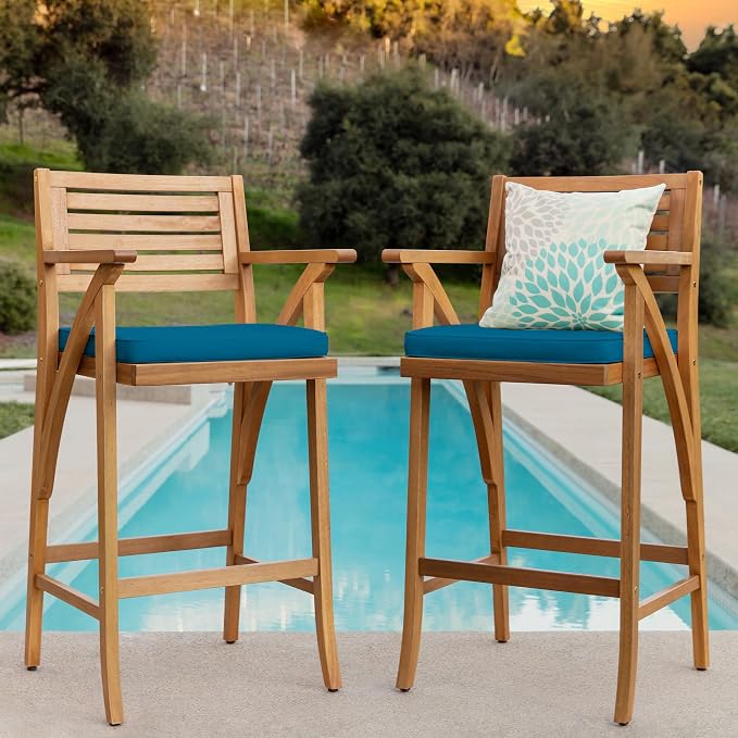Best Choice Products Set of 2 Outdoor Acacia Wood Bar Stools Bar Chairs - Image 2