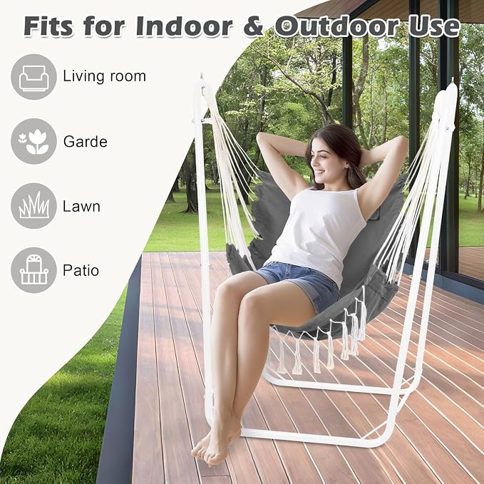Hammock Chair with U Shape Stand, Cotton Swing Chair with Side Pocket, - Image 6