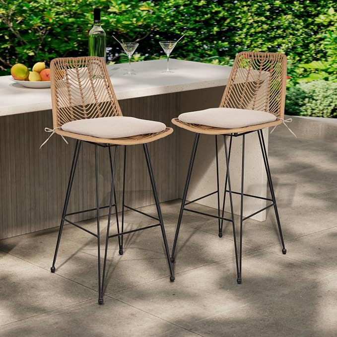 IDZO 400lbs Capacity Rattan Bar Stools Set of 2, 29-Inch Height, Outdoor & by Idzo