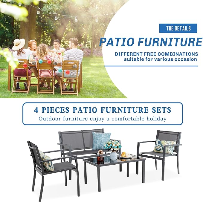 Vongrasig 4 Pieces Patio Furniture Set, Outdoor Patio Conversation Sets - Image 7