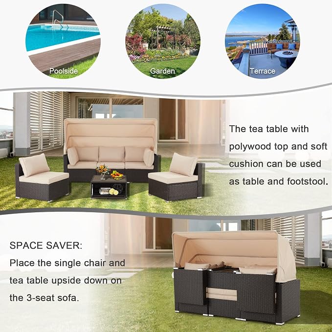 Vicluke 6 Pieces Patio Furniture Sets Outdoor Sectional Sofa Set Rattan Daybed - Image 7
