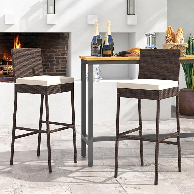 HAPPYGRILL Wicker Patio Barstools Set of 2, Outdoor Rattan Bar Chairs - Image 2