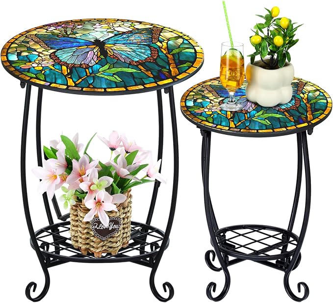 2 Pcs Outdoor Side Table Small Patio Round Mosaic Accent Indoor End Table Plant by Cinnvoice