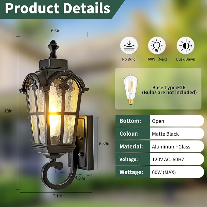 Dawn to Dusk Sensor Outdoor Wall Light Fixtures Waterproof Porch Lights - Image 3