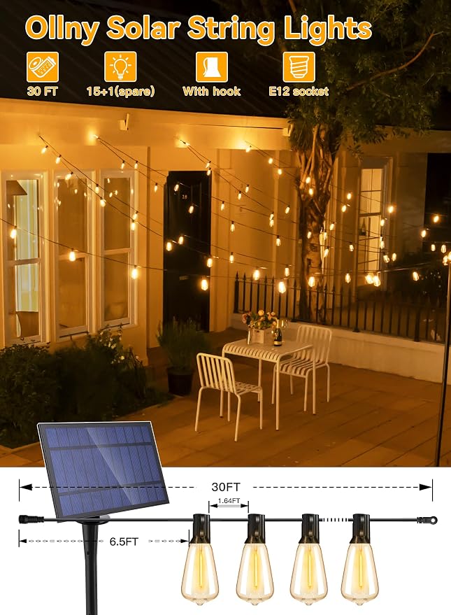 Ollny 15+1 LEDs ST38 Solar String Lights, 30 FT USB & Solar Dual Charging - Image 2