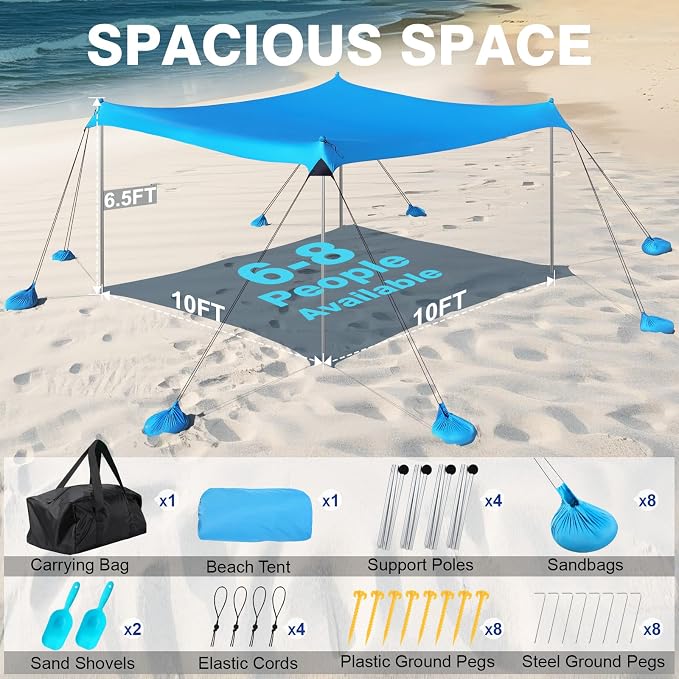 Rhino Valley Beach Tent Shade Canopy UPF50+ Protection, 8 Sandbags, 4 Stability - Image 4