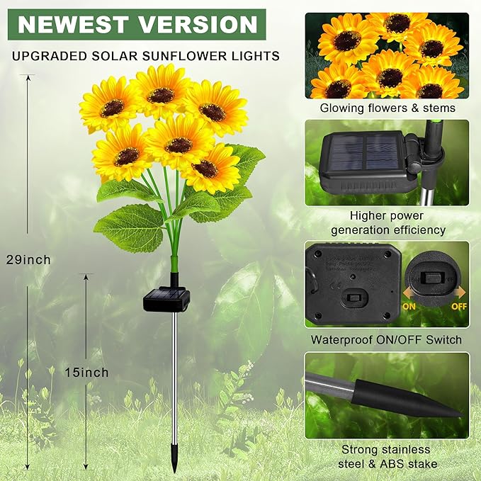 2 Pack with 12 Sunflower Solar Lights Outdoor Garden Decor, Solar Flowers - Image 5