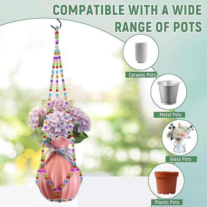 2 Pack Macrame Plant Hanger, Handmade Glass Bead Plant Hanger Colorful - Image 5