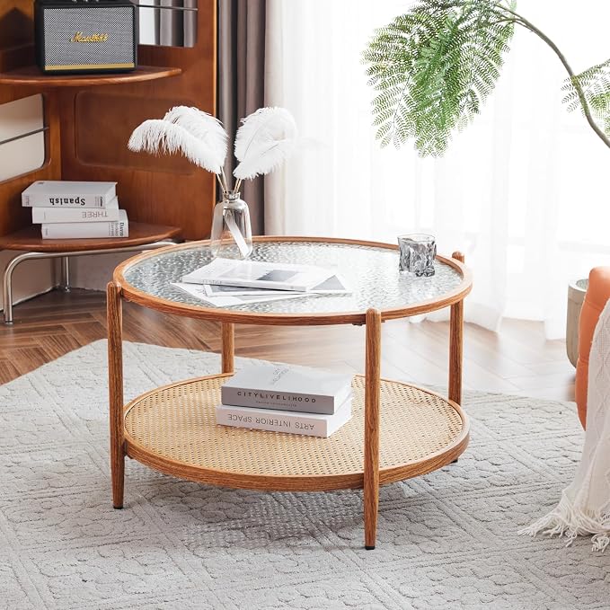 VINGLI 30" Rattan Coffee Table, Round Water-Wave Glass Metal Center Table - Image 3