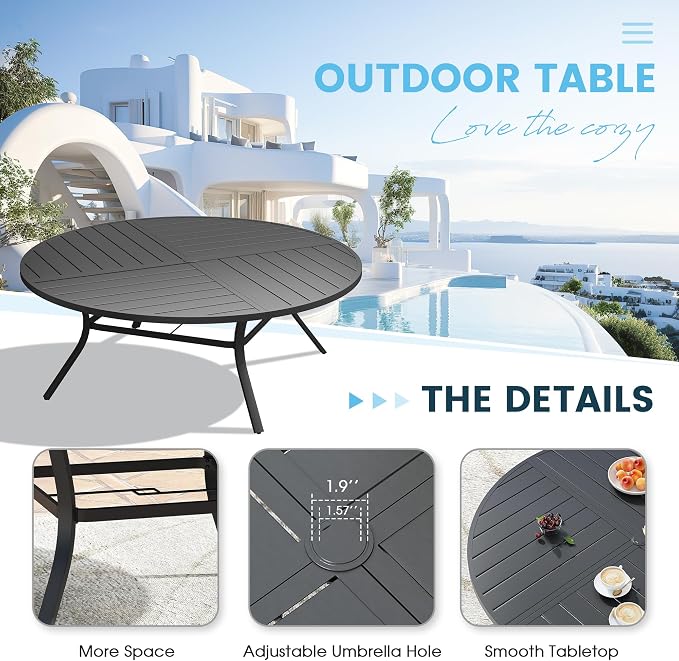 Patio Dining Table for 8-10, Round Metal Outdoor Table - Image 5