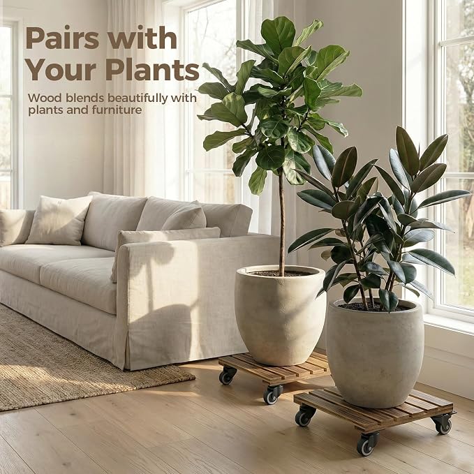 Bamworld 14 Inch Large Plant Stand Wood Plant Caddy - Image 2