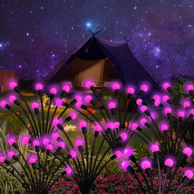Kohlrabi Solar Garden Lights Outdoor, 6 Pack 60 LED Pink Firefly Lights - Image 6
