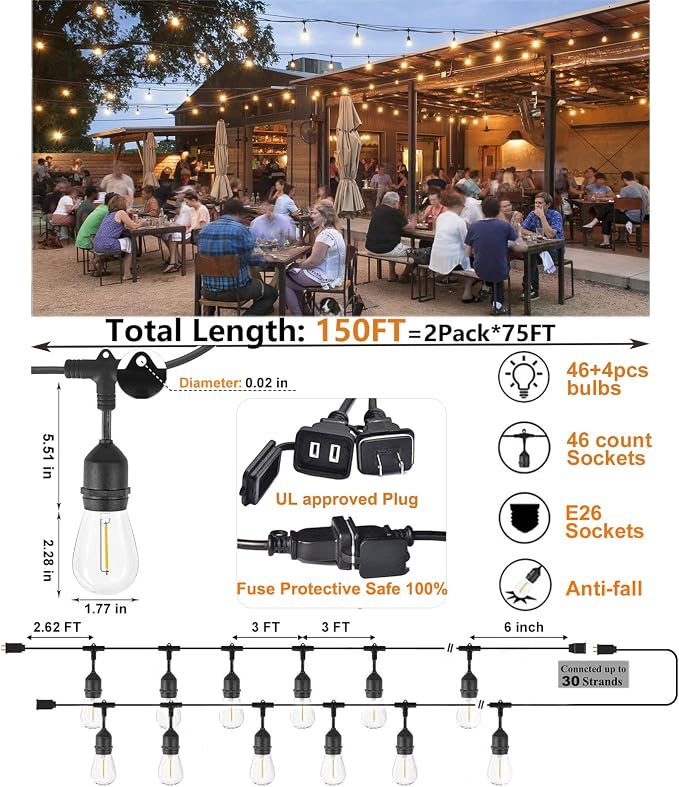 Outdoor String Lights for Outside LED 150 FT Shatterproof Patio Lights - Image 2