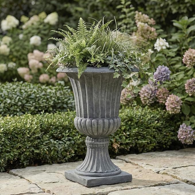 Urn Planters 22", Tall Stone-Resin Pedestal Planters - Image 8