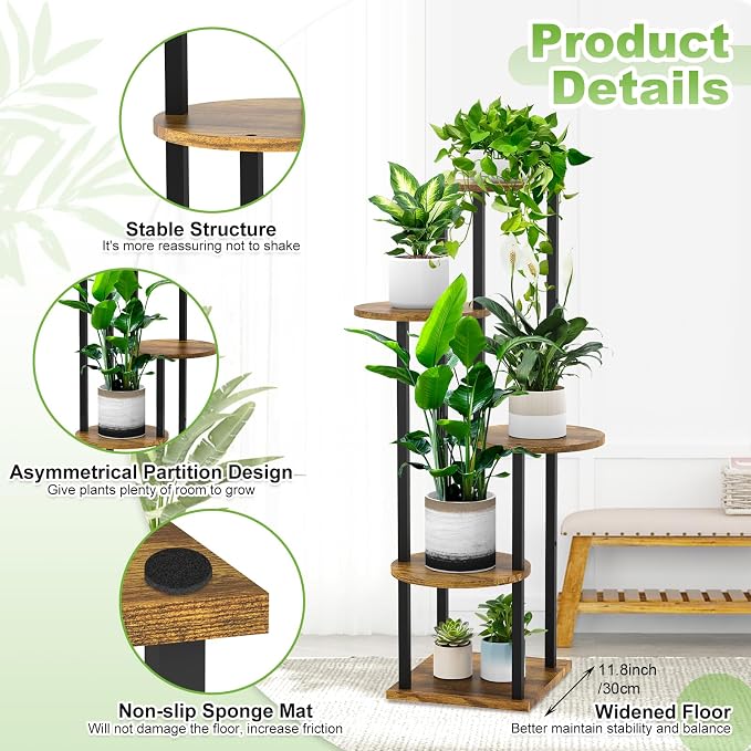 5 Tier Wood Tall Plant Stand Metal Rack Indoor, Round Planter Shelf Display - Image 3