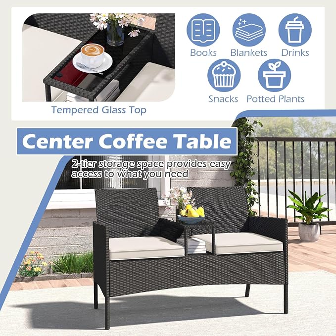 Tangkula Patio Loveseat with Built-in Table, Wicker 2-Seat Furniture with Soft - Image 8