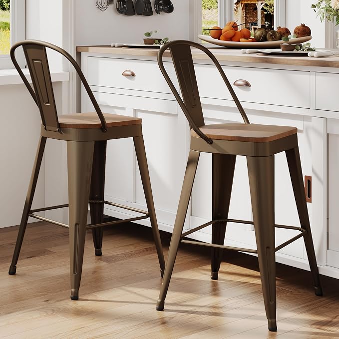 ALISH 26 Inch Industrial Bar Stools Set of 2, High Back Metal Barstools - Image 3