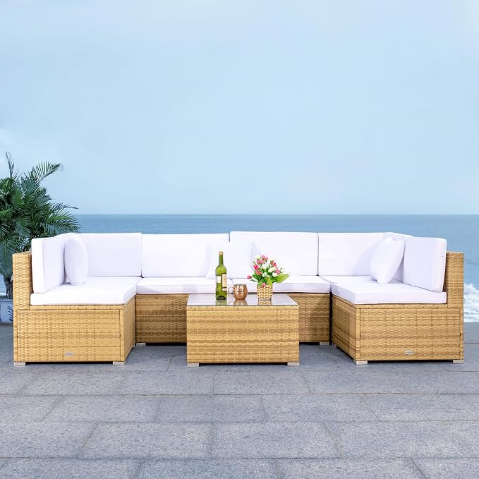 SAFAVIEH Outdoor Collection Diona Natural/White Wicker Conversation Patio Set - Image 8