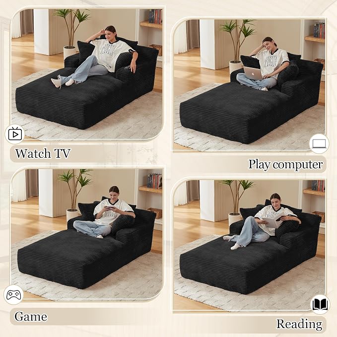 80 Inch Chaise Lounge Chair Indoor, Oversized Corduroy Upholstered Boneless - Image 3