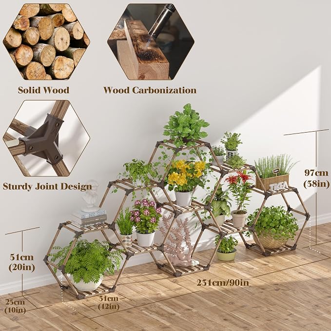 Tikea - Hexagonal Plant Stand Indoor Outdoor Large 11 Tiered Wooden Plant Shelf - Image 5