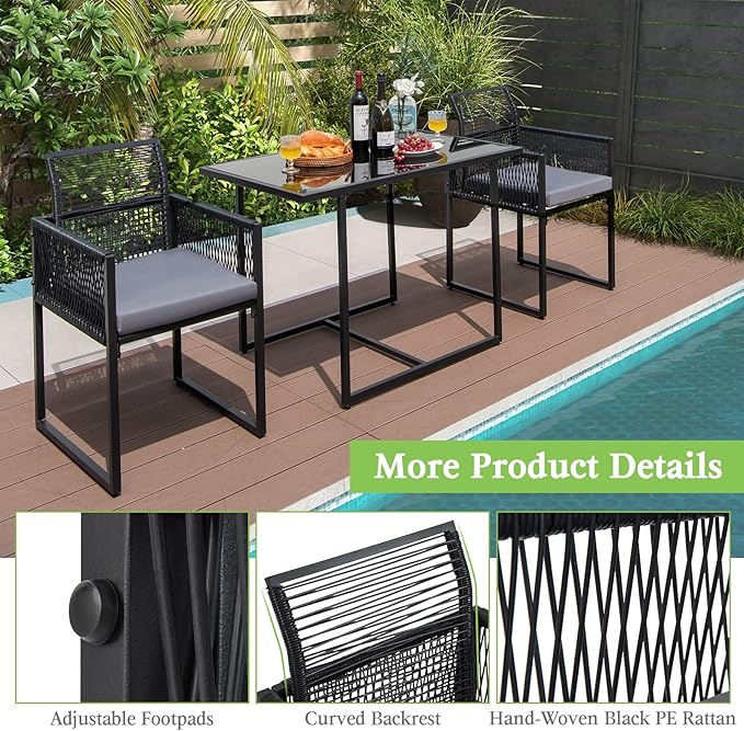 Tangkula 3 Pieces Outdoor Dining Set, Patio PE Rattan Furniture Set - Image 6