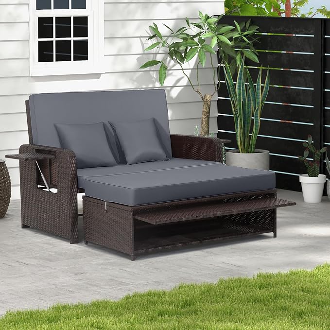 LDAILY Moccha Outdoor Daybed, Wicker Loveseat Sofa Set by LDAILY