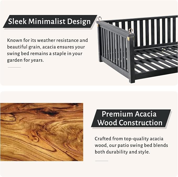 Patio Twin Size Garden Swing Daybed, Acacia Wood Porch Swing - Image 6