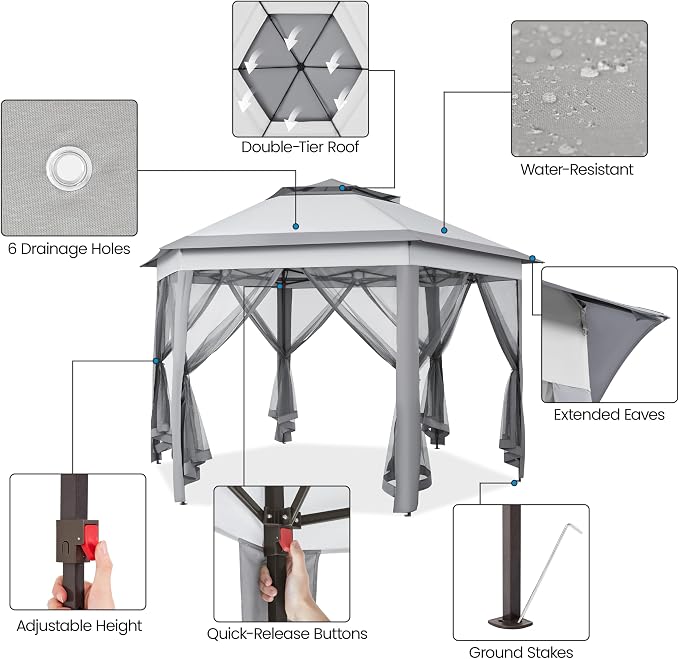 Yaheetech 13x13 Pop up Gazebo, Hexagonal Outdoor Canopy Shelter, Instant Patio - Image 4