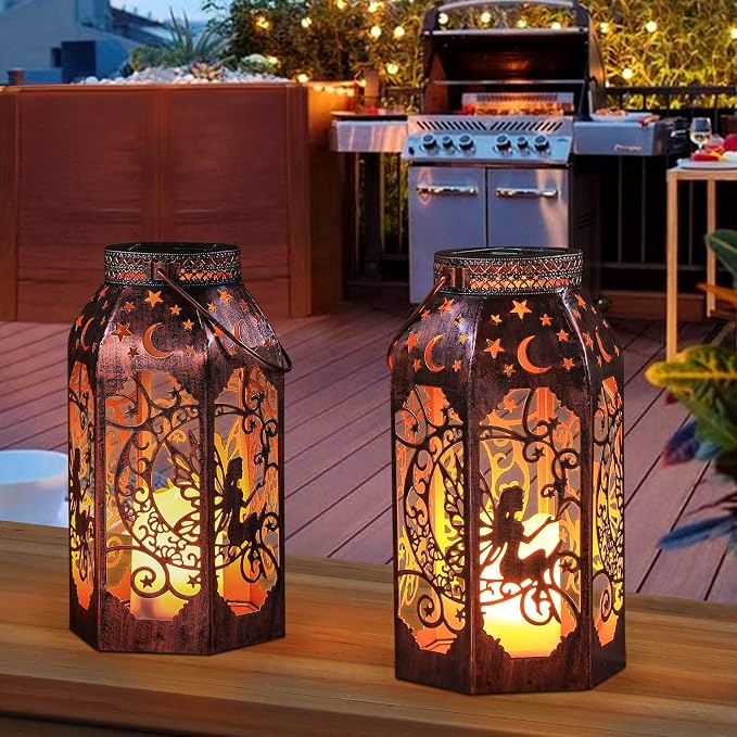 Solar Lanterns Outdoor Garden Hanging Lantern Waterproof LED Metal Bronze Moon - Image 5