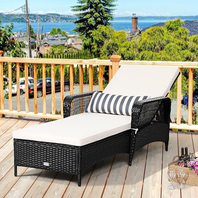 COSTWAY PE Rattan Chaise Lounge Chair Armrest Recliner Adjustable Pillow Black - Image 2