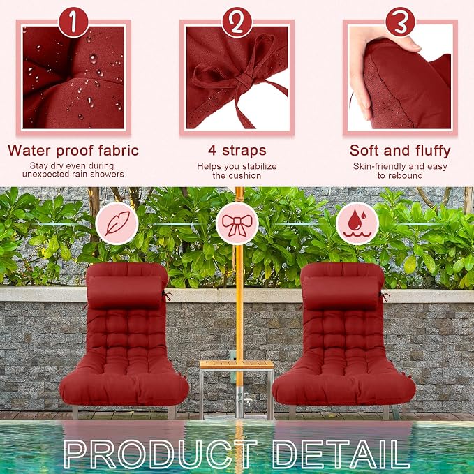 Tudomro 66'' Outdoor Chaise Lounge Cushion Waterproof Patio Lawn Pool Chaise - Image 3