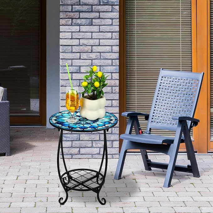 Outdoor Side Table Round Small Mosaic Patio Accent Indoor End Plant Coffee Tea - Image 2
