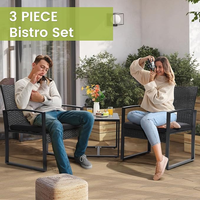 3 Piece Wicker Patio Bistro Set, Rattan Conversation Set - Image 3