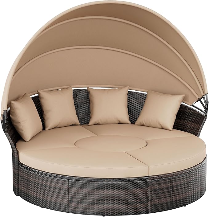 Crownland Outdoor Daybed with Retractable Canopy, Patio Round Daybed with by Crownland