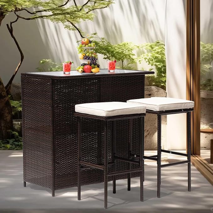 PayLessHere Rattan Bar Set 3Pcs Patio Wicker Bistro Set Sturdy Frame Bar Height - Image 6