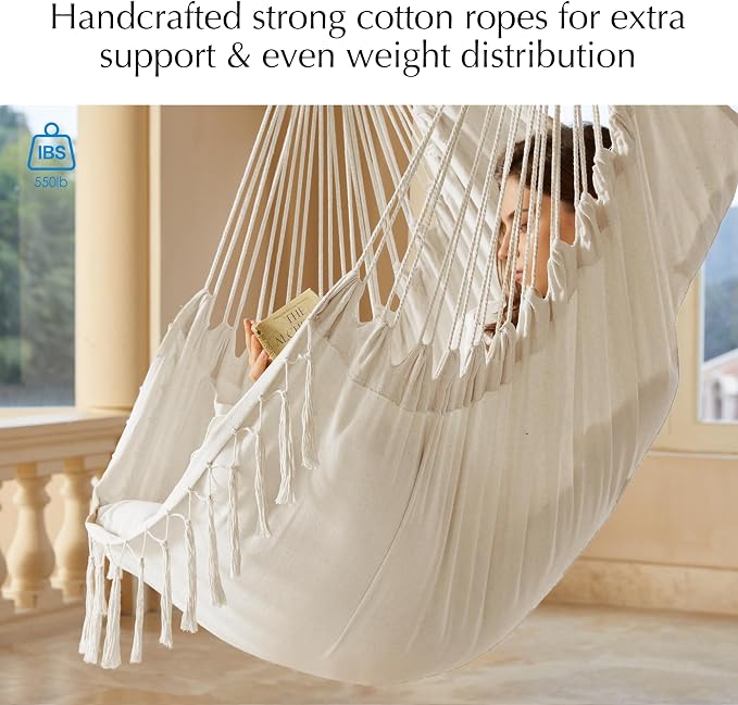 PNAEUT Hammock Chair with Tassel Hanging Rope Swing - Image 3