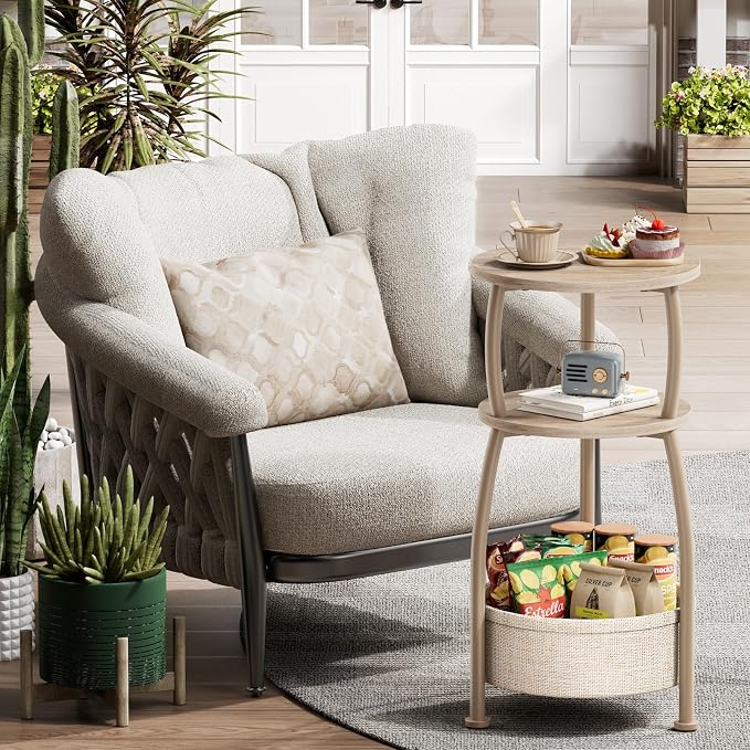 Small Side Table with Storage Basket, Space Saving Round End Table 3-Tier - Image 7
