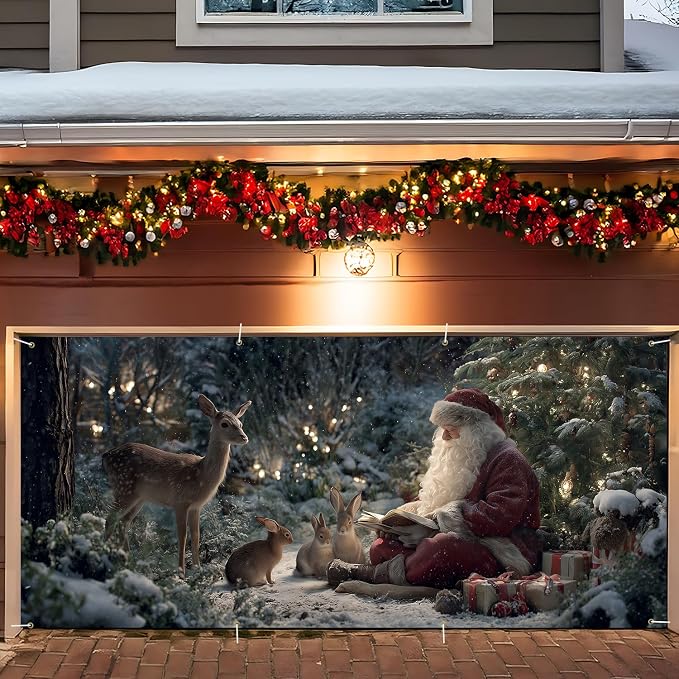 ANNA QUEEN Christmas Garage Door Banner 6×13 FT, Santa Reading Story to Forest by ANNAQUEEN