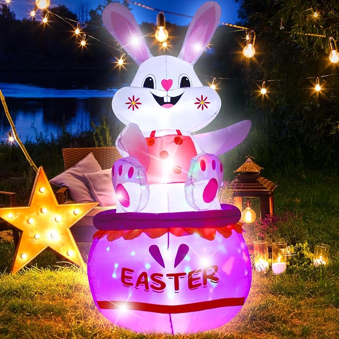 5FT Easter Bunny Inflatable Outdoor Decorations Build-in LED Lights, Cute - Image 6