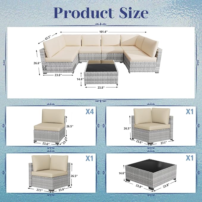 KIGOTY Patio Furniture Set, 7 Pieces Modular Outdoor Sectional Sofa, PE Rattan - Image 3