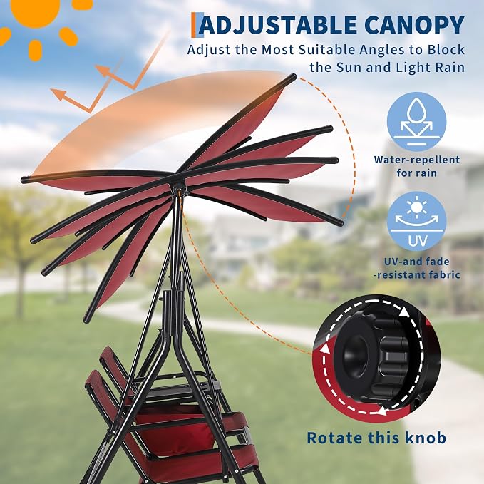 Porch Swing with Cup Holders & Pivot Storage Table & Cooler Bag with Adjustable - Image 2