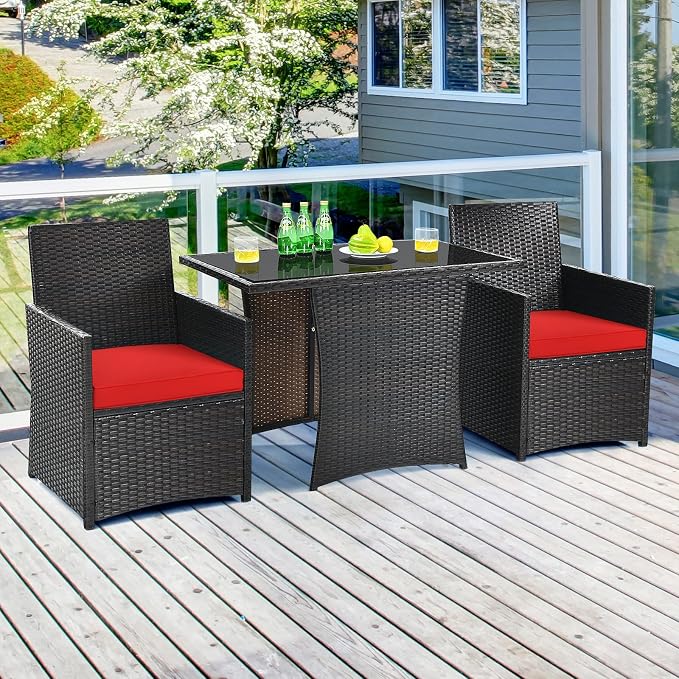 Tangkula 3 Pieces Patio Dining Set, Space-Saving PE Rattan Bistro Set - Image 2