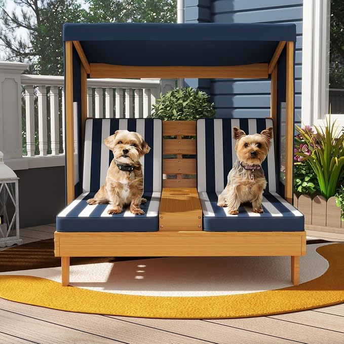 Costzon Kids Lounge Chair Outdoor, Wood Double Seat Chaise Lounge - Image 8