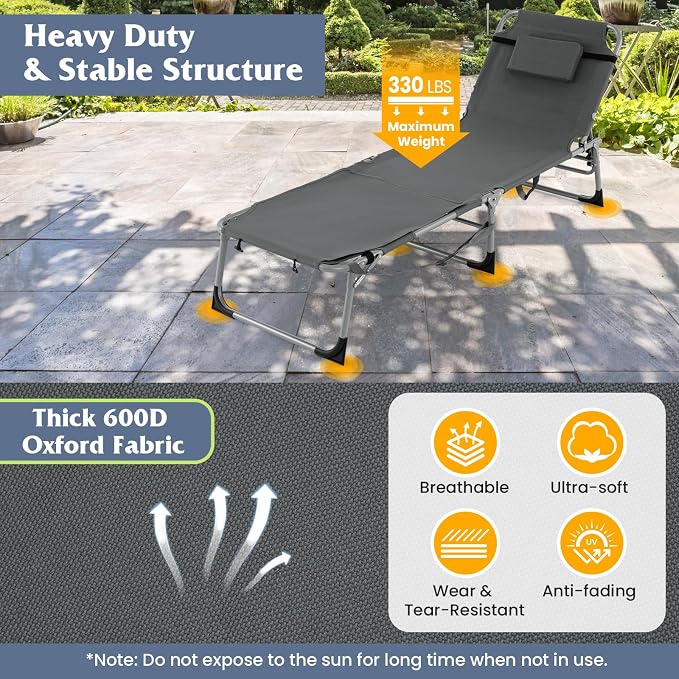 GYMAX Tanning Chair, 330LBS Beach Lounge - Image 6