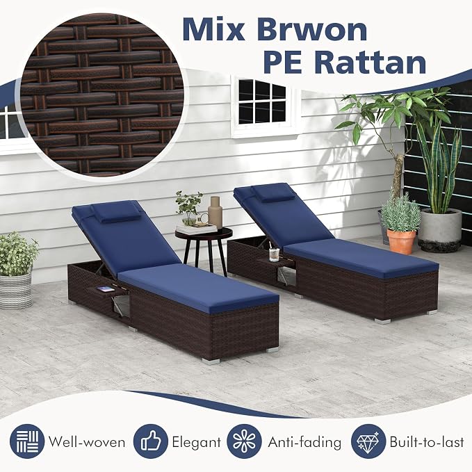 Tangkula Patio Chaise Lounge Set of 2, Outdoor Rattan Lounge Chair - Image 9