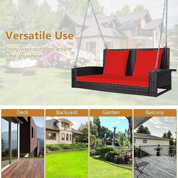 DORTALA Hanging Porch Swing, 2-Person Outdoor Wicker Swing Chair Bench - Image 6