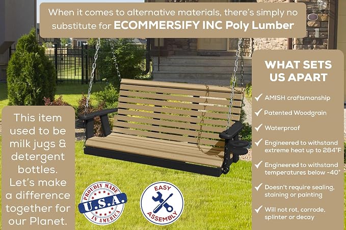Poly Lumber Wood 4FT Porch Swing Amish Craftsmandship Made in USA HDPE - Image 3